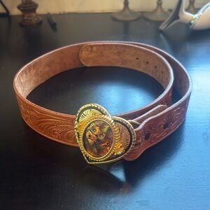 Vintage Western Tooled Leather Belt | Iridescent Stone Heart Buckle | 30